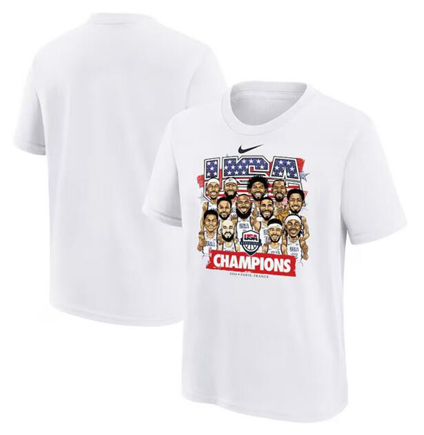Men's White USA Basketball 2024 Summer Olympics Gold Medal Team Caricature T-Shirt(Run Small)